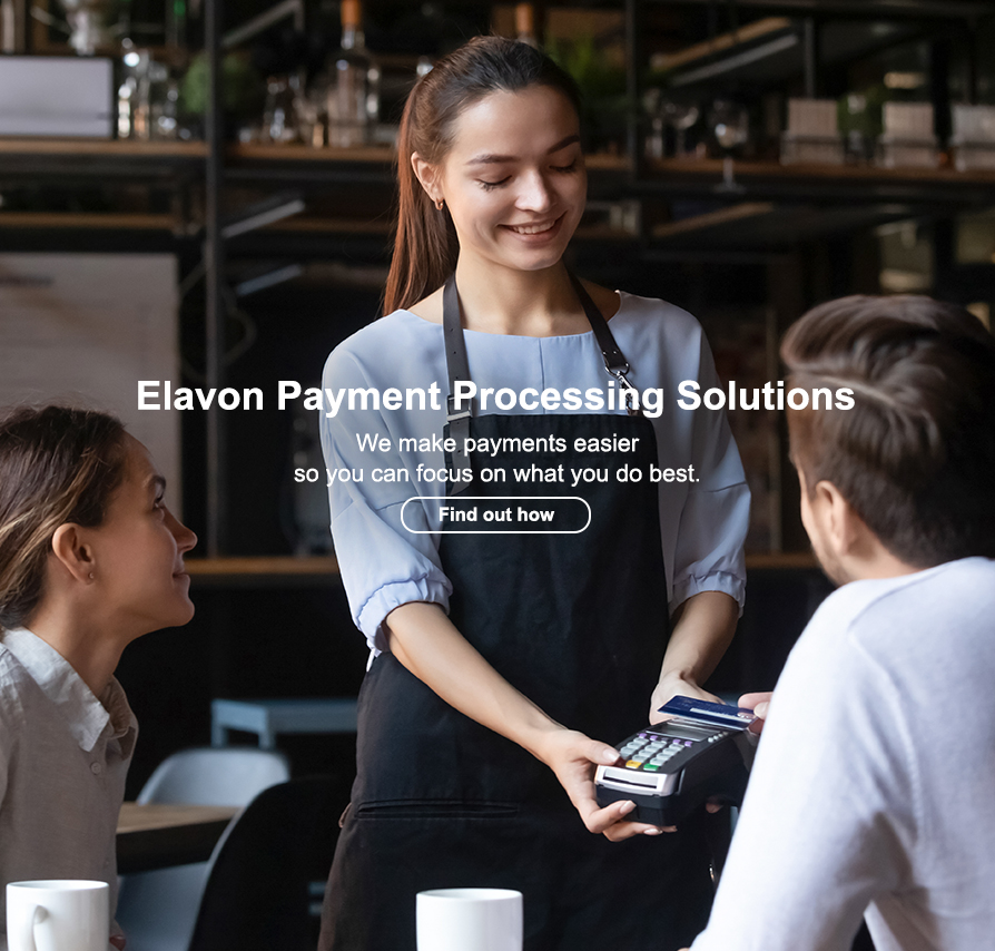 Elavon Payment Processing Solutions - A woman showing a credit card machine to her clients.